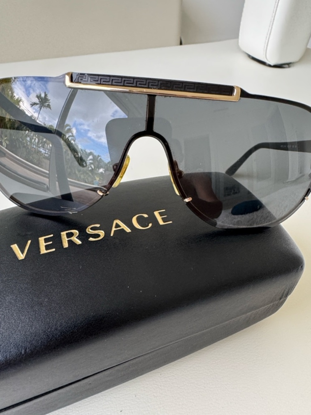 NWT Versace Unisex Shield Sunglasses - Black and Gold Trim
